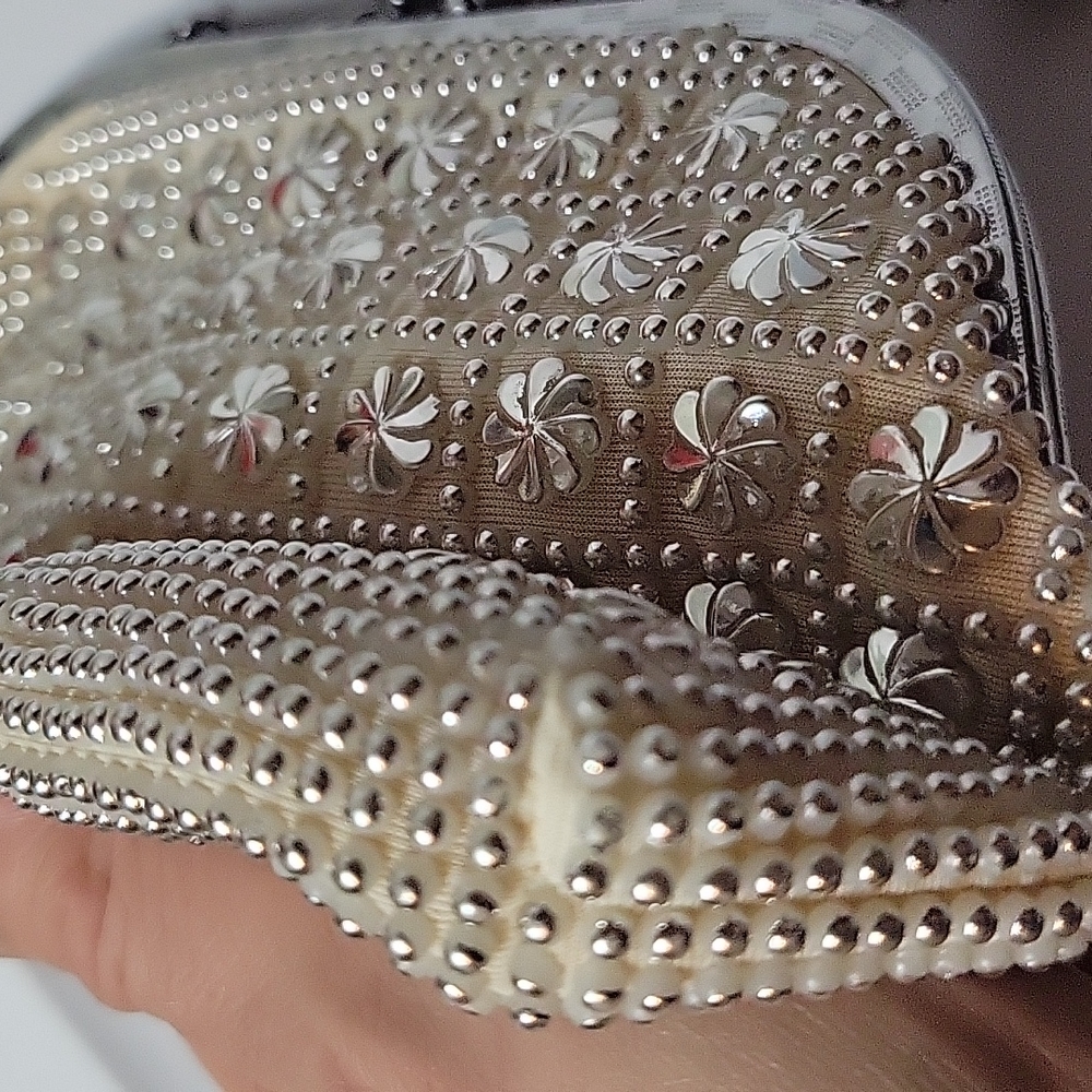 Vintage Cream Clutch with Silver Beads and Wristlet - Picture 10 of 10